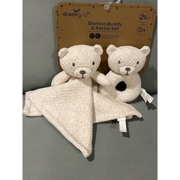 Dream Gro Tan Bear Lovey Baby Blanket Rattle Gift Set Embroidered Eyes Nose Ears - Picture 1 of 4